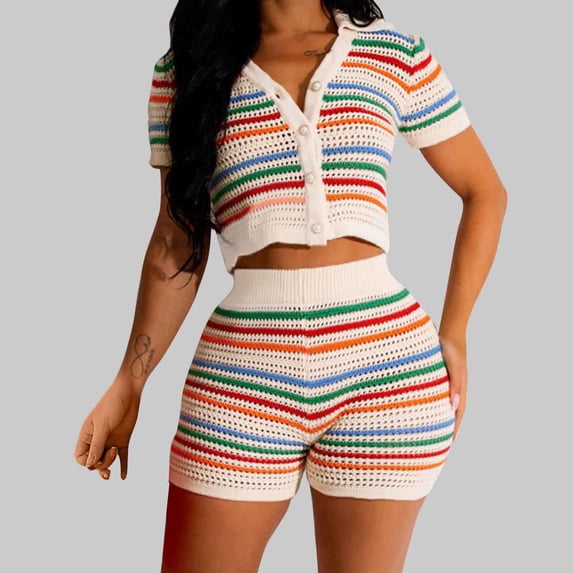 Chbgutlmr Women's 2 Piece Outfits Summer Knitted Hollow Sets Short Sleeve Button down Crop Tops High Waisted Shorts Casual Dressy Set
