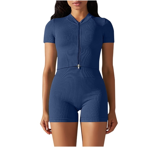 Chbgutlmr Women's 2 Piece Workout Outfits Short Sleeve Zip up Jacket High Waist Biker Shorts Gym Yoga Set