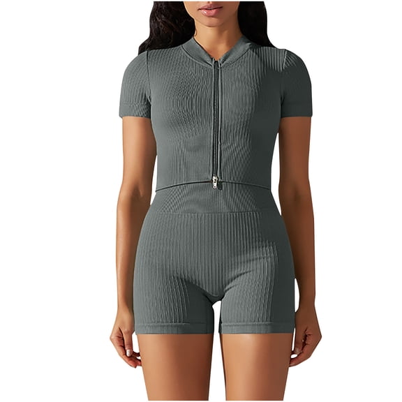 Chbgutlmr Women's 2 Piece Workout Outfits Short Sleeve Zip up Jacket High Waist Biker Shorts Gym Yoga Set