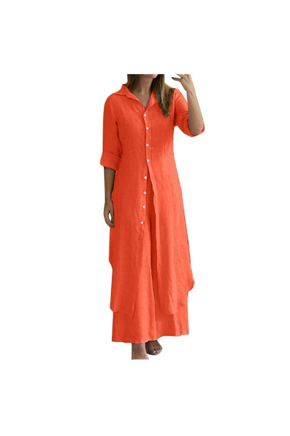 Women's Cotton Linen 2 Piece Sets Long Sleeve Maxi Shirt Dress Wide Leg Pants Lounge Business Sets Plus Size
