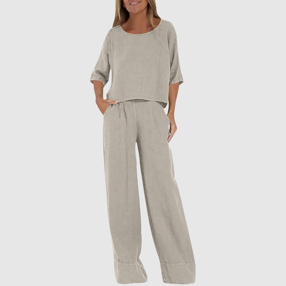 Chbgutlmr Womens 2 Piece Lounge Sets Elbow Length Sleeve Scoop Neck Tops Straight Leg Pants Casual Loose Summer Comfy Outfits