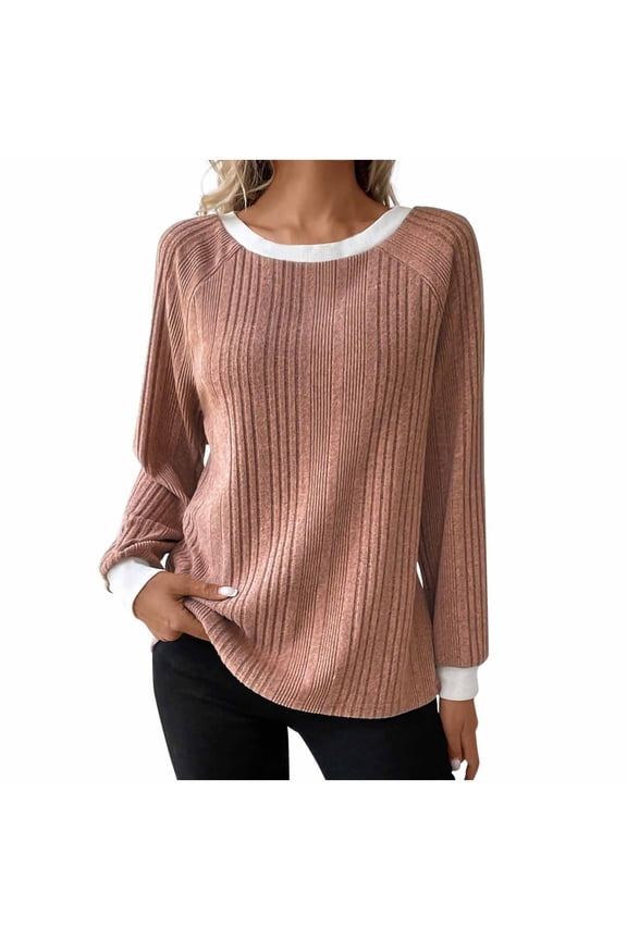 Womens Blouses Knitted Ribbed Color Block Crewneck Long Sleeve Shirts Loose Comfy Fall Winter Tops