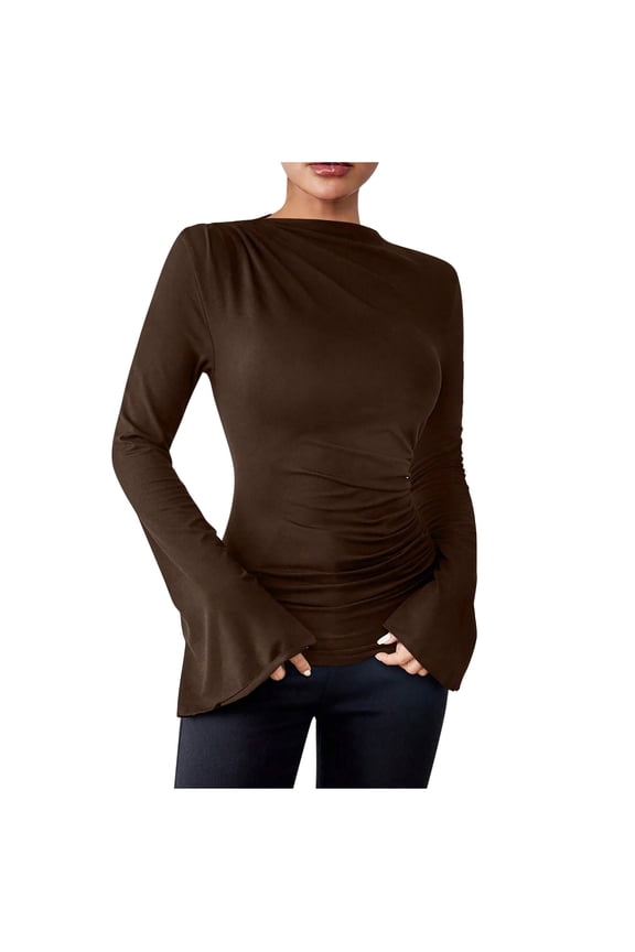 Womens Blouses Ruched Flare Long Sleeve Slim Comfy Elegant Shirts Fall Casual Tops Fashion