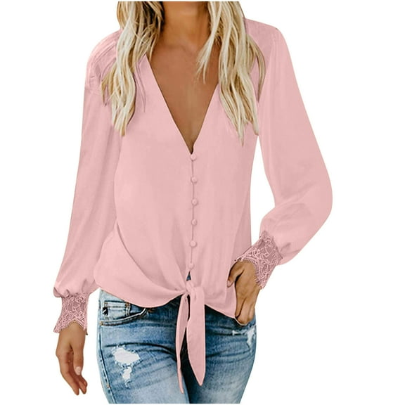 Chbgutlmr Womens Blouses Tie Front V Neck Button down Long Sleeve Casual Work Shirts Solid Color Dressy Tops