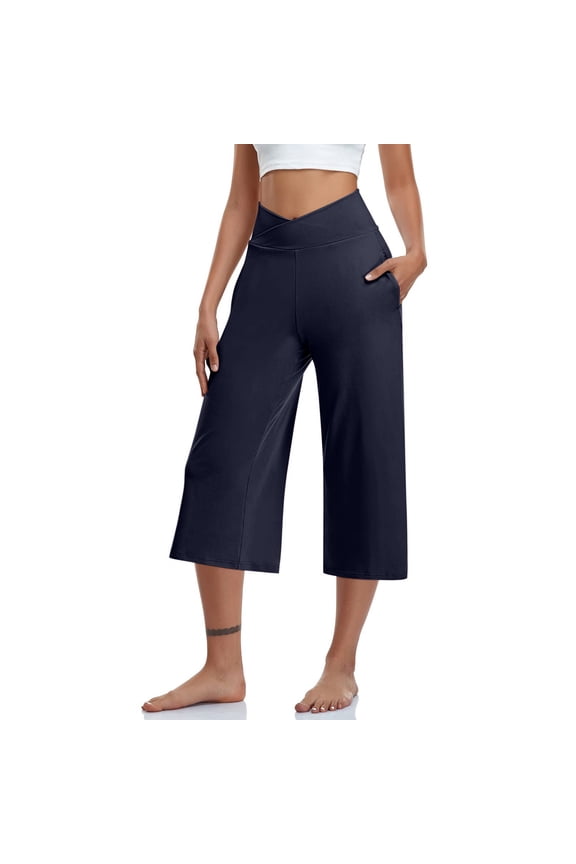 Womens Casual Wide Leg Yoga Capri Pants Crossover High Waisted Cropped Pants Loose Soft Workout Trousers with Pockets