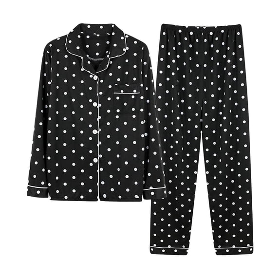 Chbgutlmr Womens Dotted Pajamas Set Button down Long Sleeve Lapel Shirts Elastic Waist Straight Leg Pants Casual Comfy Homewear Sets