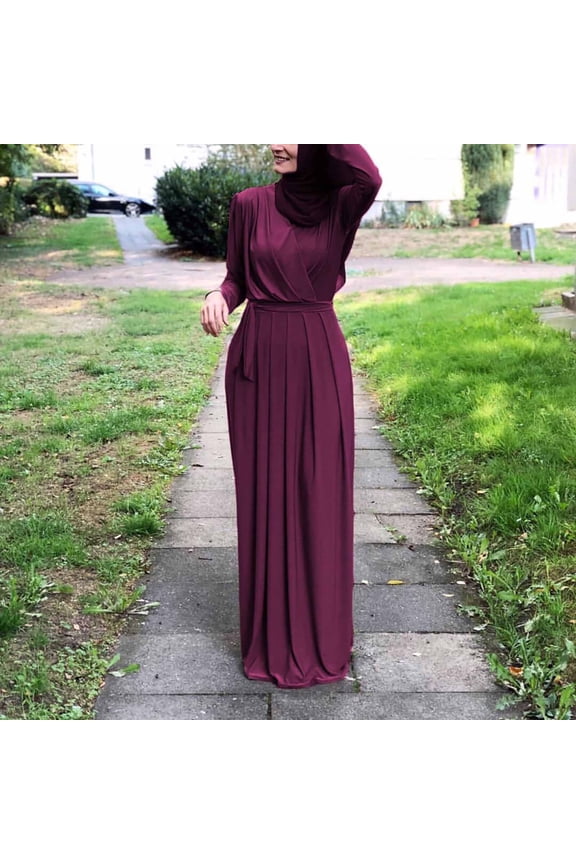 Womens Dress Long Sleeve V Neck Pleated Front Tie Front Maxi Dress Casual Comfy Loose Plain Muslim Dresses