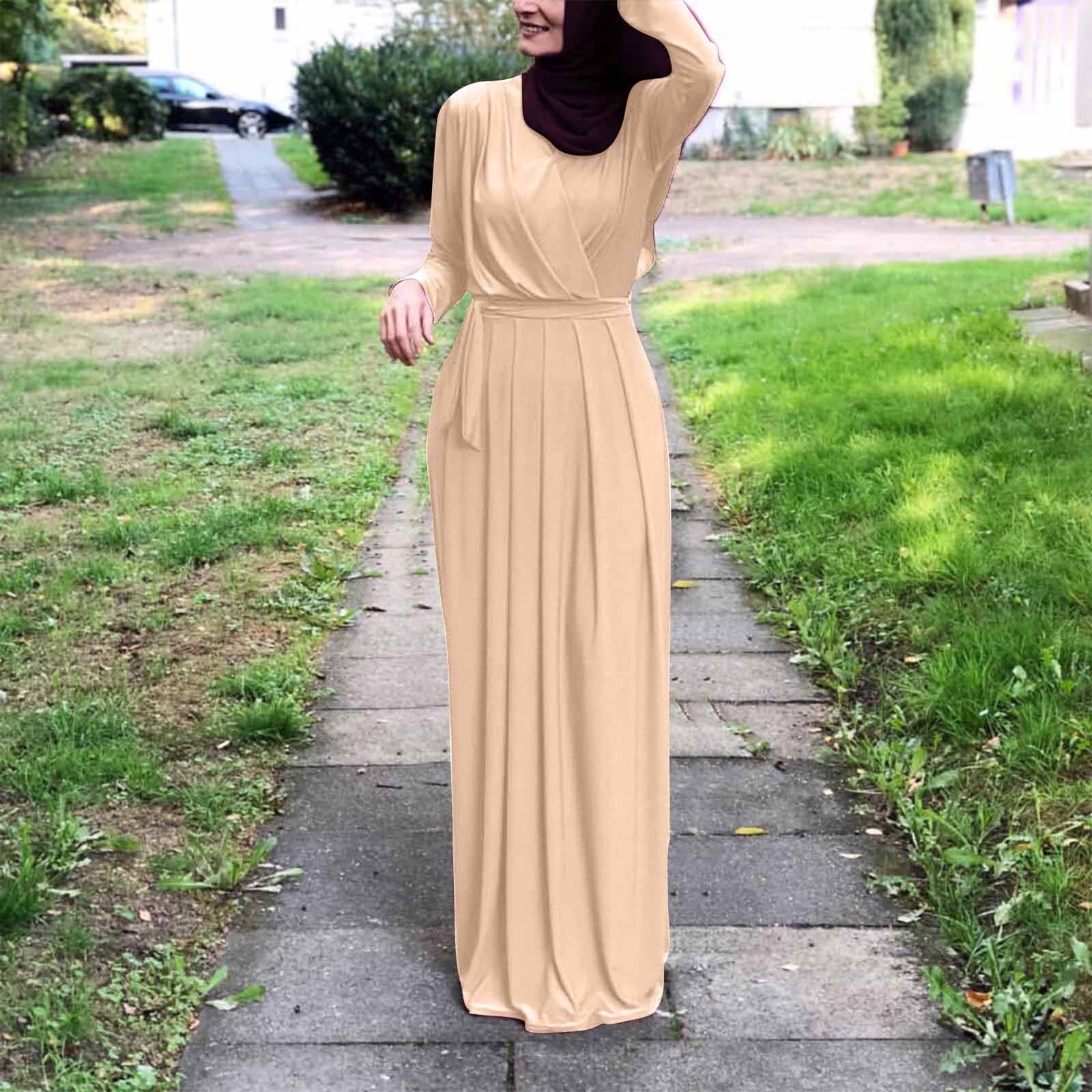 hijab dresses casual Chbgutlmr Womens Dress Long Sleeve V Neck Pleated Front Tie Front Maxi Dress Comfy Loose Plain Muslim Size:16/32 Outfit ideas KV1108 Black V Neck Ruched