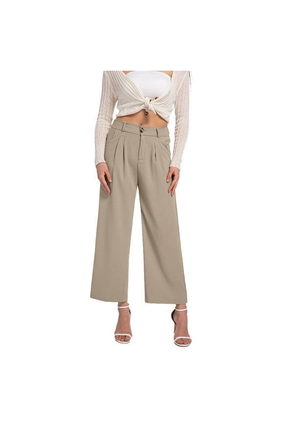 Womens Dress Pants High Waisted Button Pleated Straight Leg Formal Business Office Work Trousers