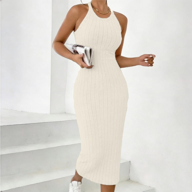 casual ribbed bodycon dress Chbgutlmr Womens Sleeveless Crew Neck Dress Summer Fitted Stretch Midi Dress Maxi dresses