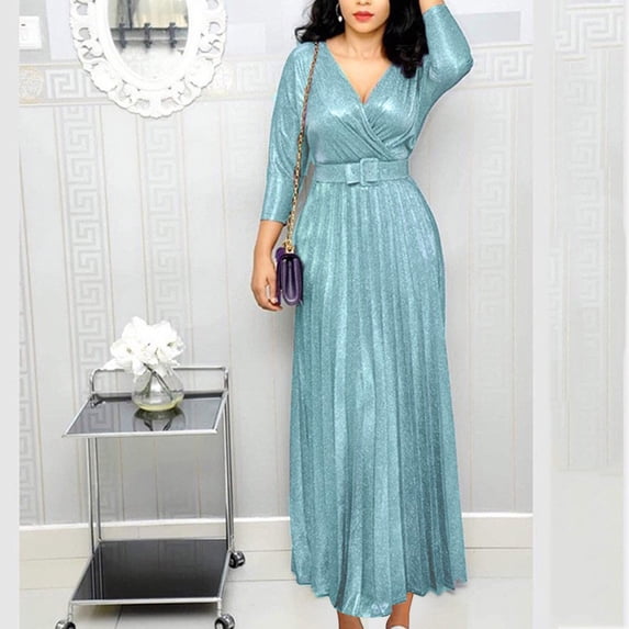 Chbgutlmr Womens Dresses Long Sleeve Deep V Neck Pleated Maxi Dress Casual Glitter Elegant Party Dresses