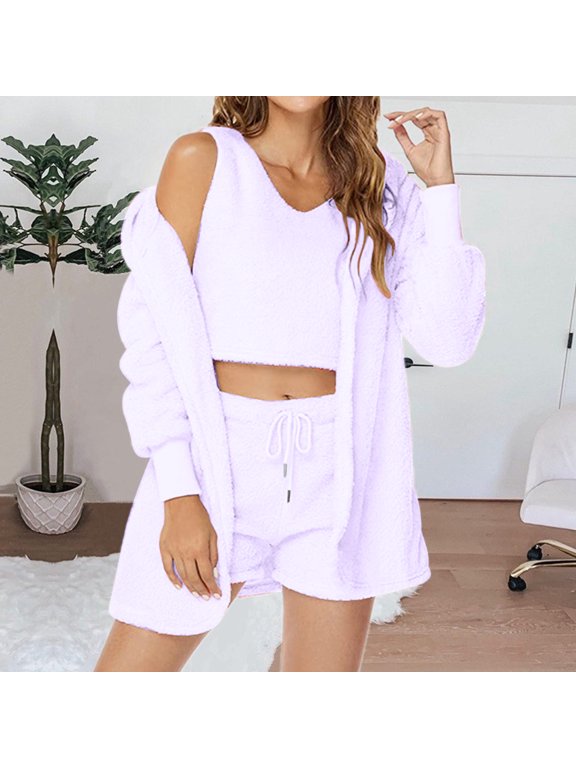 Womens Fuzzy 3 Piece Outfits Long Sleeve Hooded Cardigan V Neck Tank Tops Drawstring Shorts Casual Comfy Lounge Sets