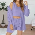 thumbnail image 1 of Chbgutlmr Womens Fuzzy 3 Piece Outfits Long Sleeve Hooded Cardigan V Neck Tank Tops Drawstring Shorts Casual Comfy Lounge Sets, 1 of 7