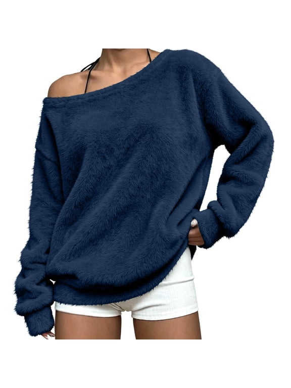 Womens Fuzzy Tops Long Sleeve One Shoulder Plush Pullover Tops Casual Loose War Winter Trendy Tops