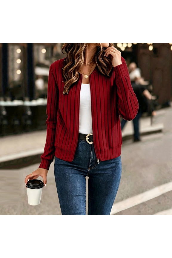 Womens Jackets Full Zipper Crew Neck Long Sleeve Ribbed Crop Jacket Casual Loose Fall Comfy Solid Color Tops[M,Red]