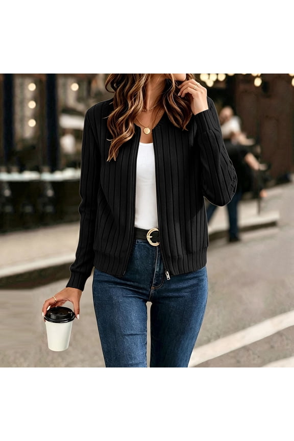 Womens Jackets Full Zipper Crew Neck Long Sleeve Ribbed Crop Jacket Casual Loose Fall Comfy Solid Color Tops[XL,Black]