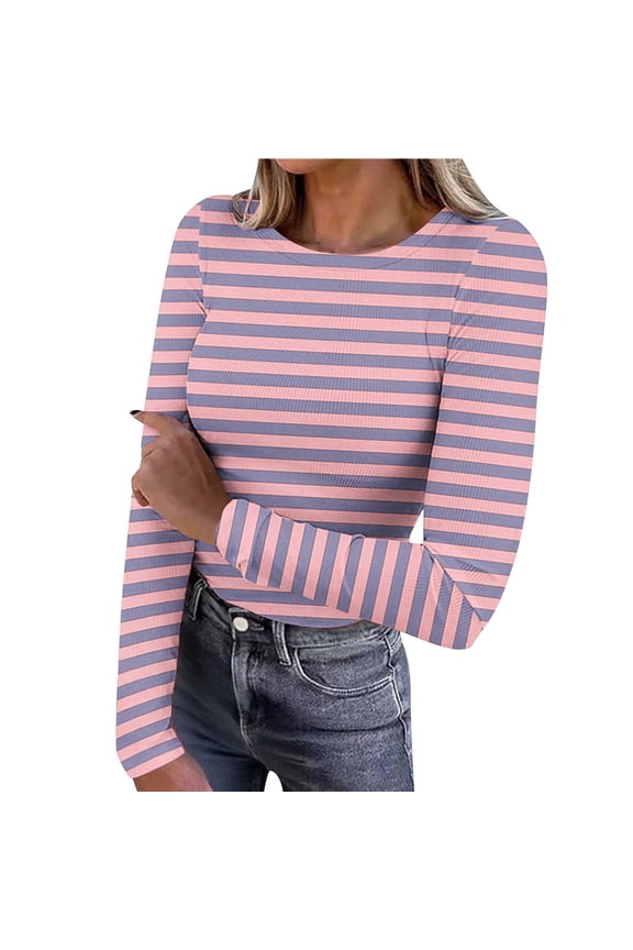 Womens Long Sleeve Tops Crewneck Stretchy Comfy Ribbed Knit Stripe Color Block Going out Tops