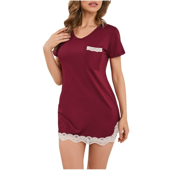 Chbgutlmr Womens Nightgown V Neck Lace Patchwork Shorts Sleeve Homewear Pajamas Slim Fitting Comfy Sleepwear Dress Pockets