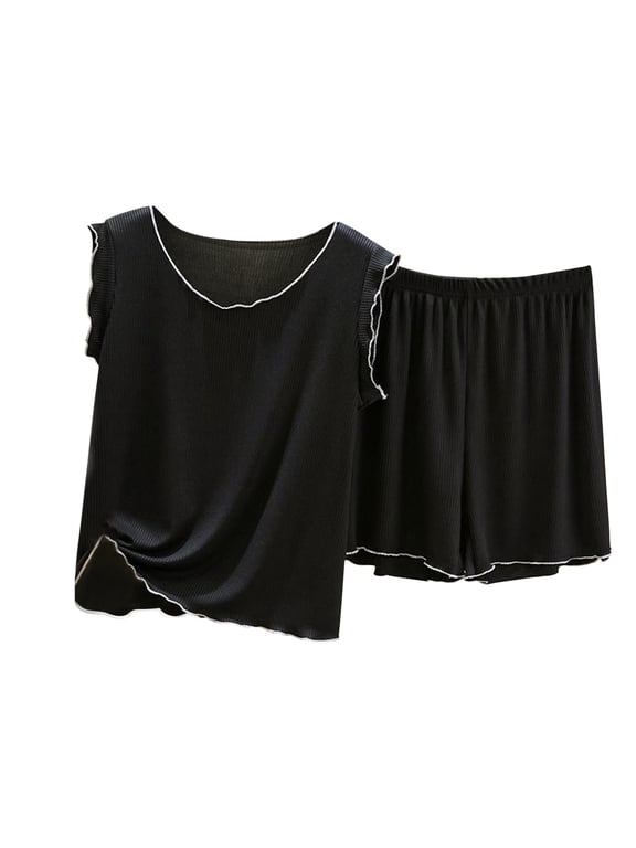 Womens Pajama Set 2 Piece Round Neck Ribbed Tank Tops Loose Elastic Shorts Soft Ruffle Loungewear Outfits
