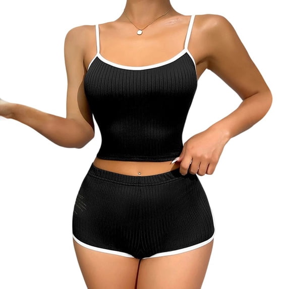 Chbgutlmr Womens Pajama Sets Crewneck Slim Cropped Camisole Tops and Shorts Ribbed Stretchy Loungewear Outfits