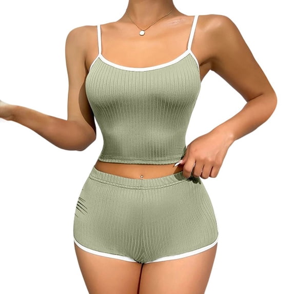 Chbgutlmr Womens Pajama Sets Crewneck Slim Cropped Camisole Tops and Shorts Ribbed Stretchy Loungewear Outfits
