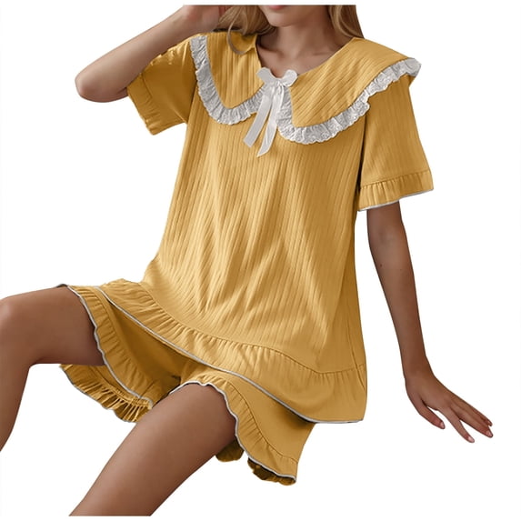 Chbgutlmr Womens Pajama Sets Lace Patchwork Bow Tie Short Sleeve T Shirts Ruffle Hem Shorts Cute Comfy Pjs 2 Piece Set