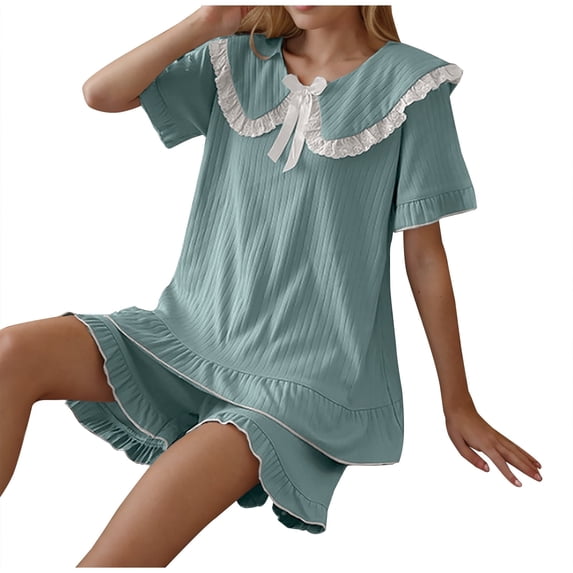 Chbgutlmr Womens Pajama Sets Lace Patchwork Bow Tie Short Sleeve T Shirts Ruffle Hem Shorts Cute Comfy Pjs 2 Piece Set