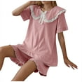 thumbnail image 1 of Chbgutlmr Womens Pajama Sets Lace Patchwork Bow Tie Short Sleeve T Shirts Ruffle Hem Shorts Cute Comfy Pjs 2 Piece Set, 1 of 8