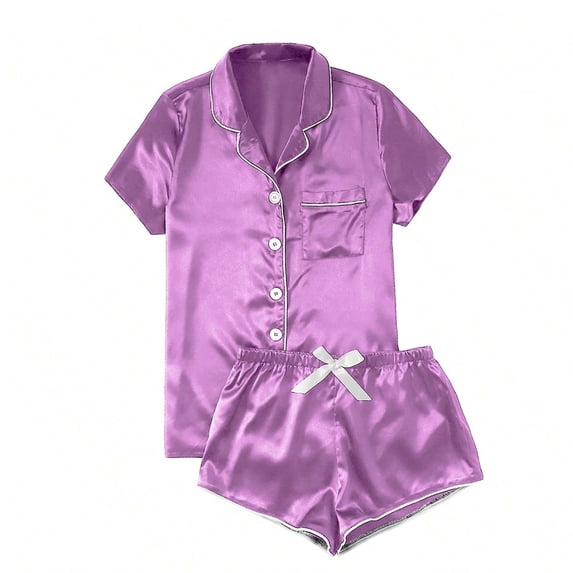 Chbgutlmr Womens Pajama Sets Satin Lapel Neck Button down Short Sleeve Shirts Bow Tie Elastic Waist Shorts Sleep Set