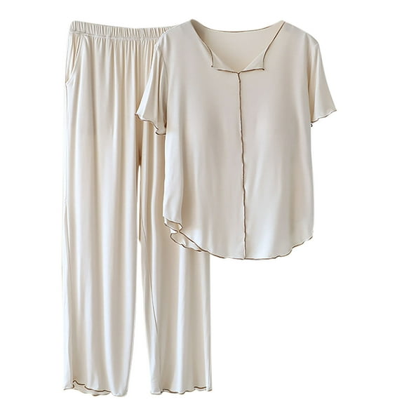 Chbgutlmr Womens Pajama Sets V Neck Short Sleeve Tshirts Straight Leg Pants Soft Ruffle Loungewear Outfits