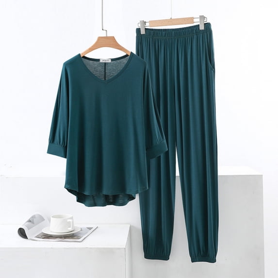 Chbgutlmr Womens Pajamas Set Elbow Length Sleeve V Neck Irregular Hem Tops Cinch Bottom Elastic Waist Pants Casual Comfy Lounge Set
