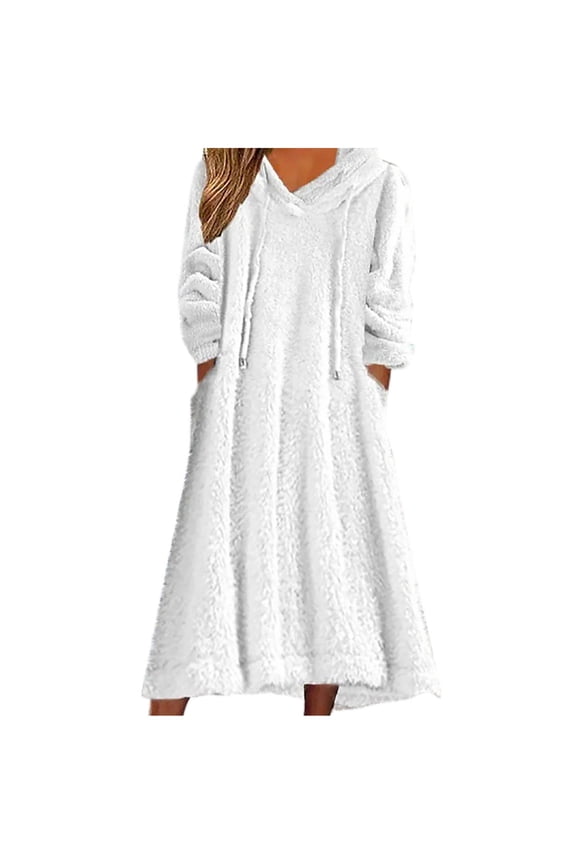 Womens Pajamas Winter Hooded Nightgown Drawstring Loose Comfy Warm Fuzzy Nighty Long Sleeve Thermal Homewear Dress