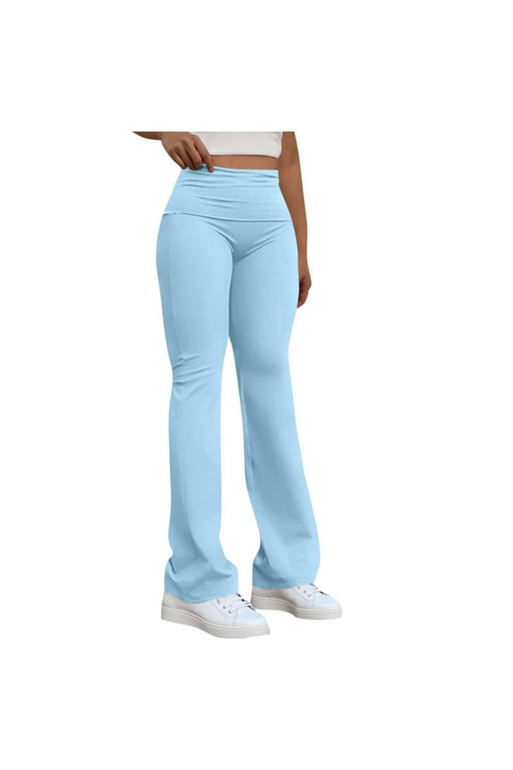 Womens Pants Fold over High Waist Solid Color Casual Yoga Pants Gym Workout Sports Trousers