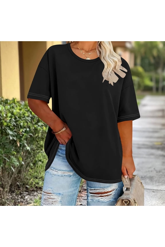 Womens Plus Size T-Shirts Oversized Summer Tees Elbow Length Sleeve Crew Neck Tops Casual Loose Basic Shirts