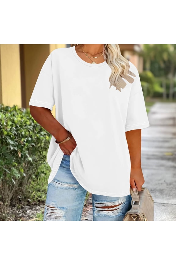 Womens Plus Size T-Shirts Oversized Summer Tees Elbow Length Sleeve Crew Neck Tops Casual Loose Basic Shirts