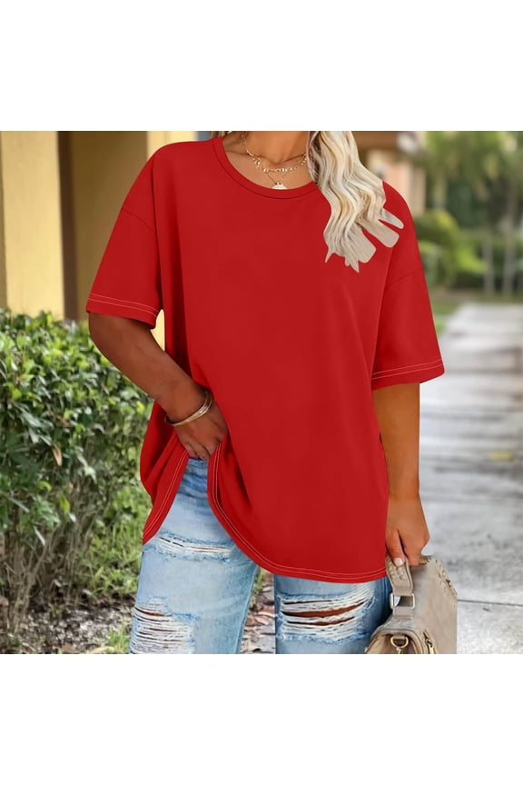 Womens Plus Size T-Shirts Oversized Summer Tees Elbow Length Sleeve Crew Neck Tops Casual Loose Basic Shirts