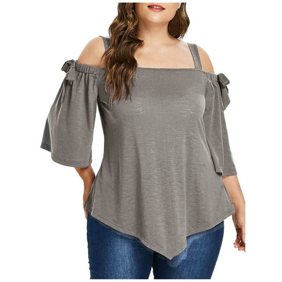 Chbgutlmr Womens Plus Size Tops Cold Shoulder Ruched Short Sleeve Bow Shirts Asymmetrical Hem Casual Blouses