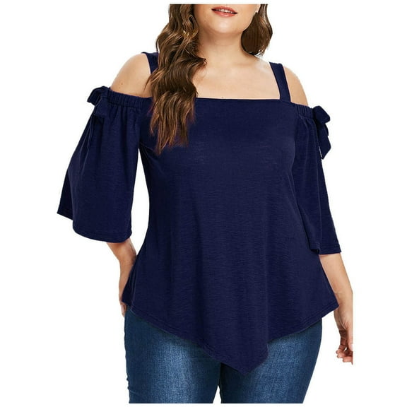 Chbgutlmr Womens Plus Size Tops Cold Shoulder Ruched Short Sleeve Bow Shirts Asymmetrical Hem Casual Blouses