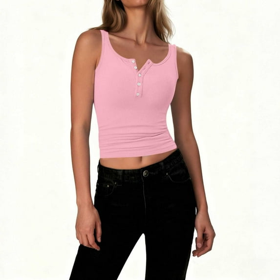 Chbgutlmr Womens Ribbed Tank Tops Square Neck Half Button Slim Fitted Sleeveless Crop Tops Casual Summer Basic Tee Tops