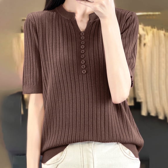 Chbgutlmr Womens Ribbed Tops Elbow Length Sleeve Notch Neck Button T-Shirts Casual Comfy Summer Plain Color Tops