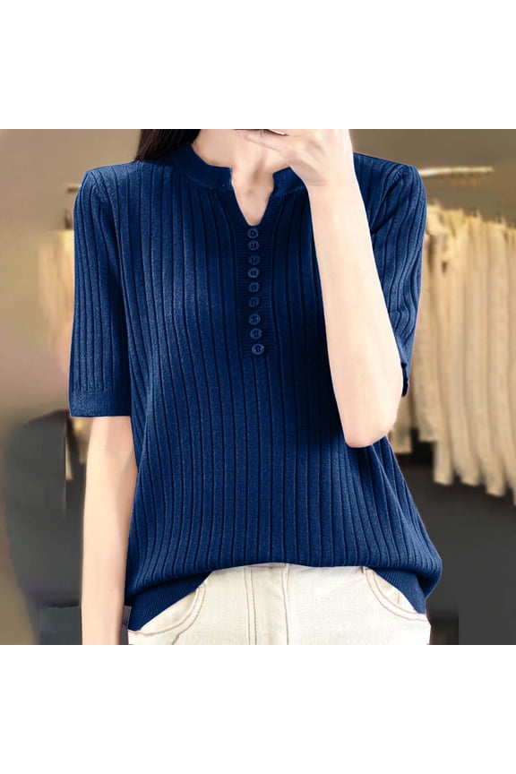 Womens Ribbed Tops Elbow Length Sleeve Notch Neck Button T-Shirts Casual Comfy Summer Plain Color Tops