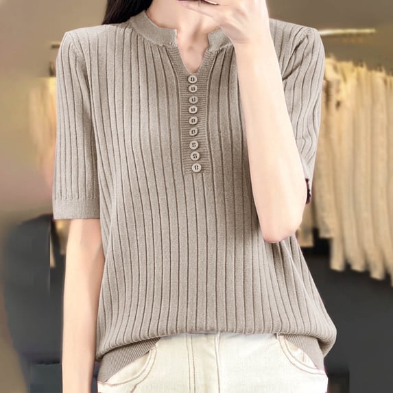Chbgutlmr Womens Ribbed Tops Elbow Length Sleeve Notch Neck Button T-Shirts Casual Comfy Summer Plain Color Tops