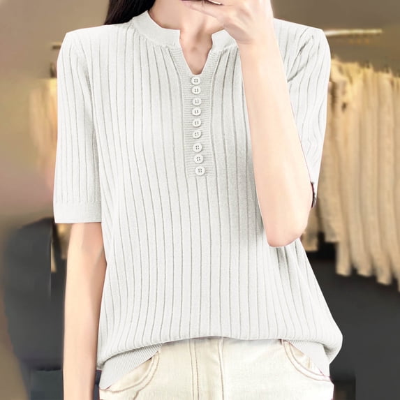Chbgutlmr Womens Ribbed Tops Elbow Length Sleeve Notch Neck Button T-Shirts Casual Comfy Summer Plain Color Tops