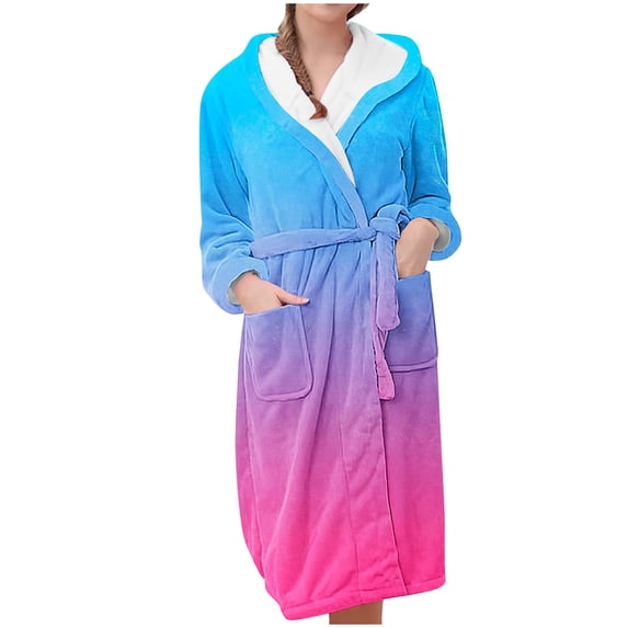 Chbgutlmr Womens Robe Fleece Warm Bathrobes Gradient Color Nightgown Ladies Hooded Housecoat with Pockets