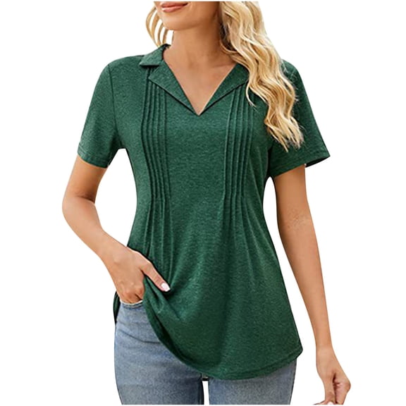 Chbgutlmr Womens Short Sleeve Tops Lapel V Neck Business Casual Blouses Pleated Comfy Tunic Tee Shirts