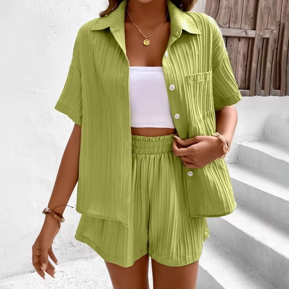 Chbgutlmr Womens Summer 2 Piece Outfits Short Sleeve Button down Lapel Shirts Elastic Waist Shorts Casual Loose Textured Dressy Sets