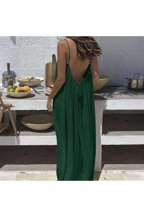Womens Summer Cami Dresses Spaghetti Strap Sleeveless Backless Flowy Dress Casual Beach Long Sundress with Back Tie