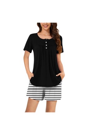 Womens Summer Outfits 2 Piece Ruched Round Neck Short Sleeve Tees Striped Shorts Loose Lounge Sets