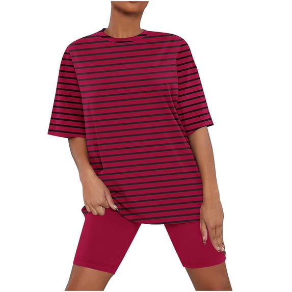 Chbgutlmr Womens Summer Outfits Crewneck 1/2 Sleeve Striped Tshirts Slim Fitted Shorts Comfy Loungewear Sets