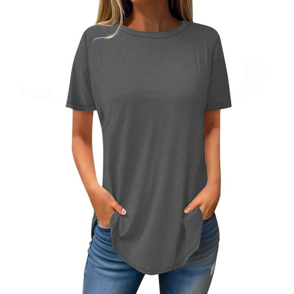 Chbgutlmr Womens T Shirts Crewneck Short Sleeve Dressy Casual Tops Curved Hem Solid Color Basic Tees Shirts
